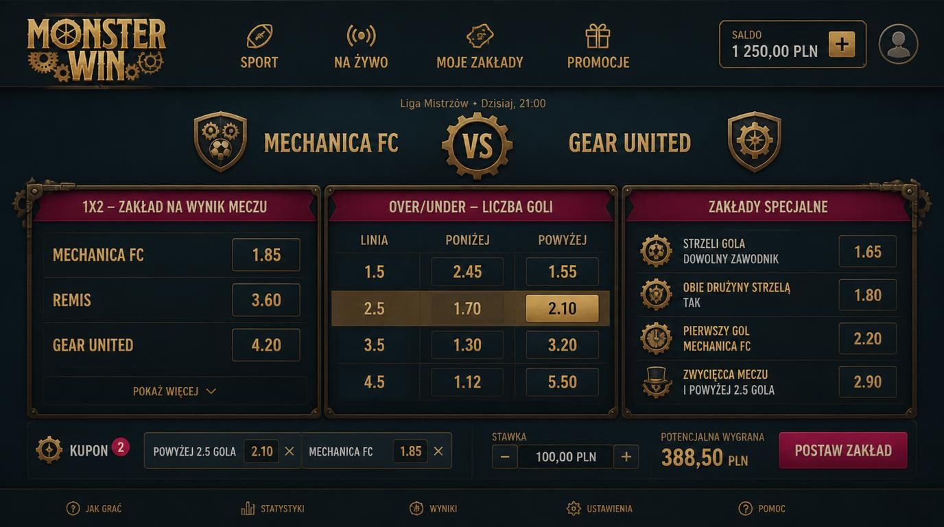 Zakład na wynik meczu, over/under, typ specjalny w jednym widoku kuponu na Monsterwin Casino.