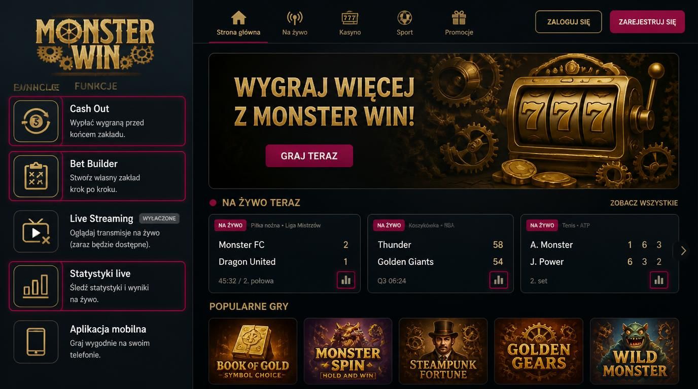 Lista funkcji bukmacherskich Monsterwin: Cash Out, Bet Builder, statystyki live, aplikacja.