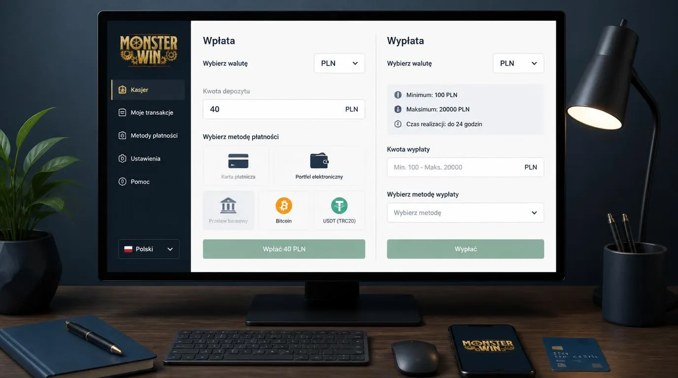 Panel kasy kasyna z saldem w PLN, wyborem metod płatności oraz limitami wpłat i wypłat