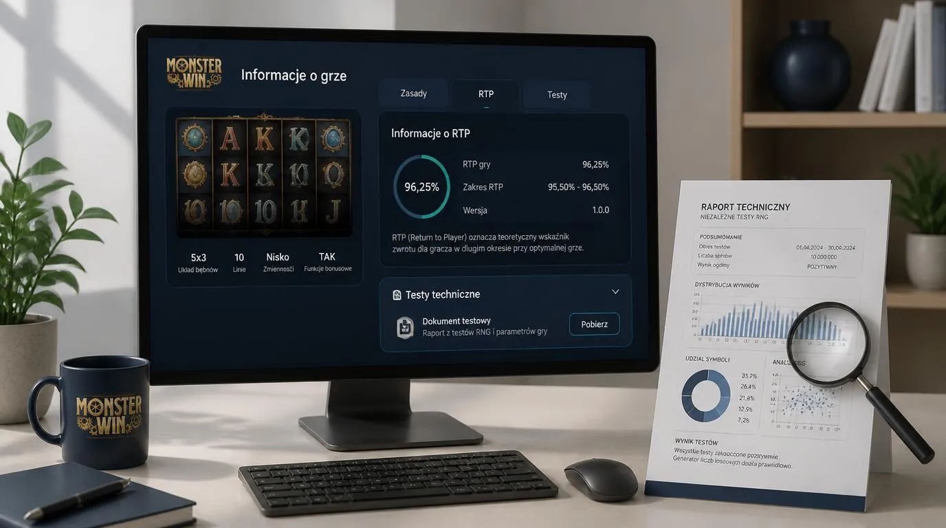Panel gry kasynowej z informacjami o RTP, zasadach rozgrywki i niezależnych testach generatora RNG