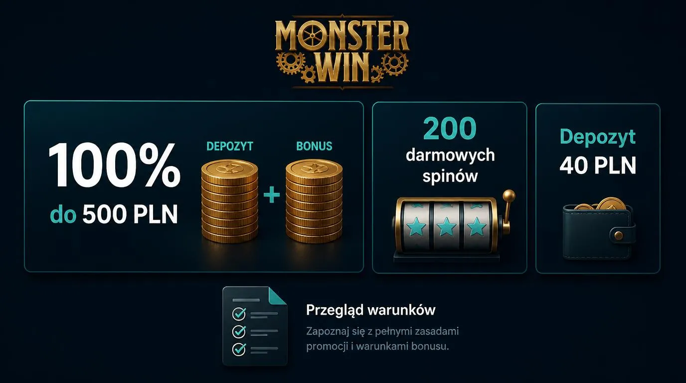 Panel bonusu powitalnego z dopasowaniem 100% do 500 PLN, 200 darmowymi spinami i depozytem 40 PLN